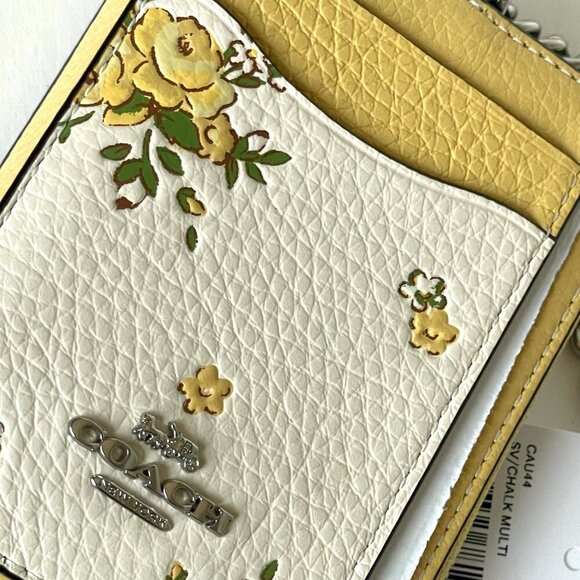 Coach Floral Zip Card Case CAU44 ID Wallet Yellow Leather Chain Strap ORGPKG - Picture 5 of 7